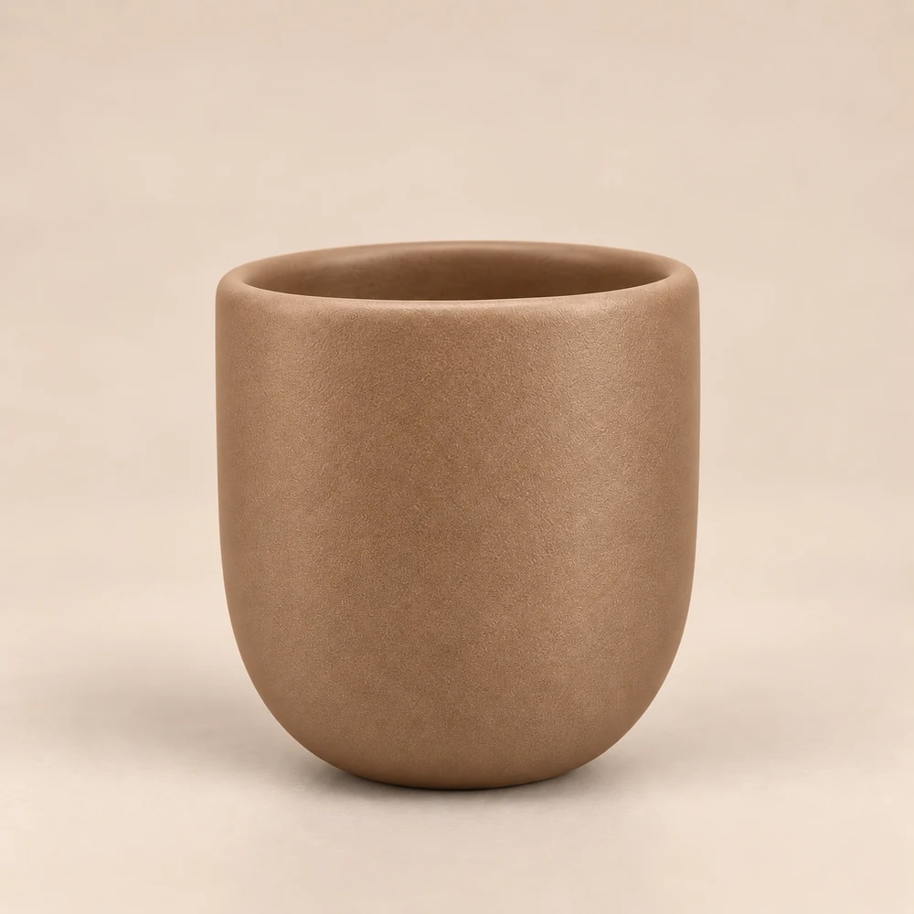 Ceașcă cafea ceramică fără toartă pentru cappuccino, Novum Margo Beige, 150 ml, maro deschis cacao cu lapte mat, gresie glazurată manual