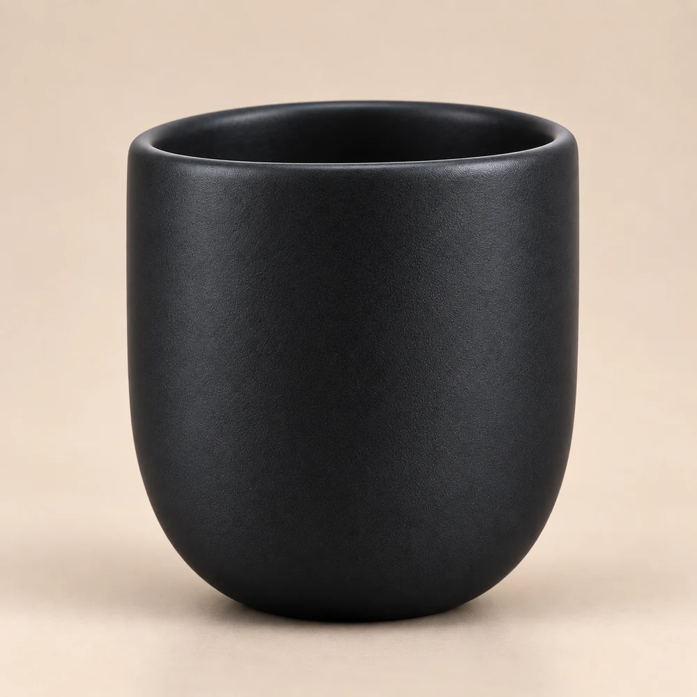 Ceașcă cafea ceramică fără toartă pentru cappuccino mare, Novum Vulcano Carbon, 250 ml, negru carbon mat, gresie glazurată manual