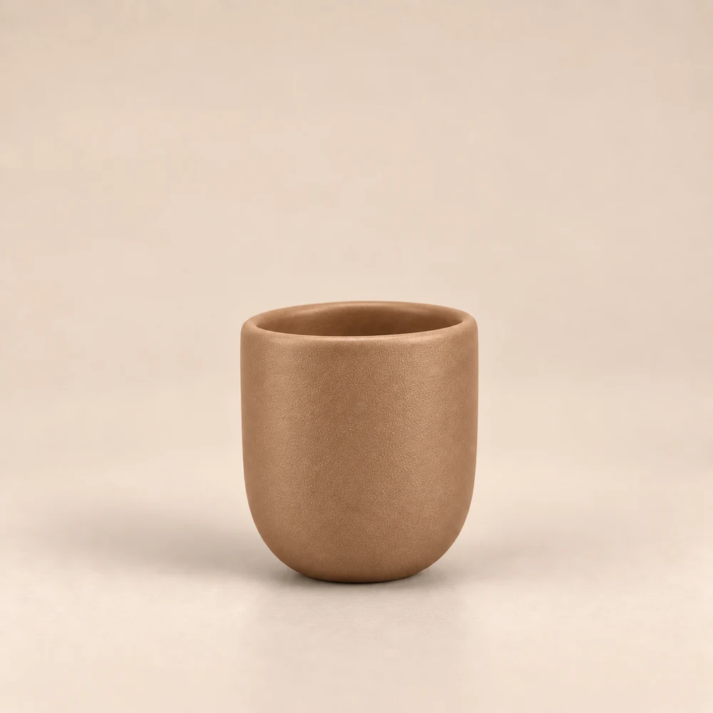 Ceașcă cafea ceramică fără toartă pentru espresso, Novum Margo Beige, 80 ml, maro deschis cacao cu lapte mat, gresie glazurată manual